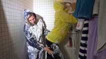 Sexy Sandra and Stella both wearing shiny nylon rainwear playing with shaving cream and eachother (Video)