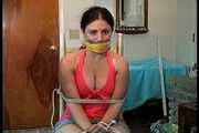34 YEAR OLD HOTEL MANAGER IS CLEAVE GAGGED, TAPE GAGGED, HANDGAGGED, MOUTH STUFFED, OTM DOUBLE GAGGED, GAG TALKING, BAREFOOT, TOE-TIED WHILE TIGHTLY TIED TO A CHAIR (D73-18)