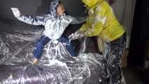 Sexy Sandra and Stella both wearing shiny nylon rainwear playing with shaving cream and eachother (Video)