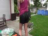 Watch Pia having fun outdoors with her shiny nylon Shorts