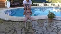 Submissiv British teen tied up next to the pool 