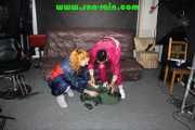 Ronja and Stella destroying shiny nylon rainwear both wearing that stuff (Pics) Part 2