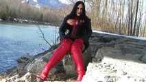 Black Red Leather Sucking Bitch - Outdoor Blowjob & Handjob with Red Leather Gloves