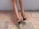 patent peep toe high heels dangling