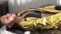 super shiny gold raincoat masturbation