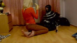 Dana&Mishel - Dana is packed in trash bag and zip tied by Mishel (video)