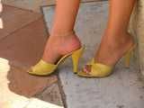 yellow leather mules and tits
