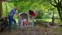 Mock slaughter of our lovingly raised boar in the barn ( role play )