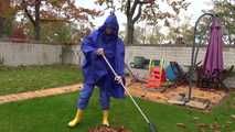 Watching sexy Pia wearing sexy blue shiny nylon rainwear and yellow rubber boots raking leaves (Video)