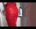 Sonja wearing a sexy red adidas shiny nylon jumpsuit while showering and messing up her clothes with shaving cream (Video)