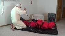 shiny down girl hogtie