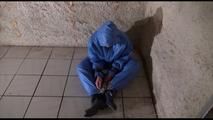 Jill tied, gagged and hooded in an old dungeon/cellar with handcuffs wearing sexy lightblue downwear (Video)