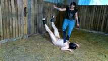 Slave torment of the jeans and rubber boot mistress in the stable