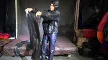 Watching sexy Sandra putting on several layers of shiny nylon rainwear including hoods and enjoy the feeling (Video)