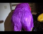 Sonja wearing a sexy purple shiny nylon combination while putting on a clean linen on bed (Video)
