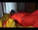 Jill wearing a sexy red shiny nylon pants and two shiny nylon rain jackets posing and playing with the viewer and her hoods (Video)