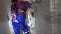 Sexy Sandra during her shaving cream action in the shower wearing a sexy blue shiny nylon rain pants and a shiny nylon purple rain jacket (Video)