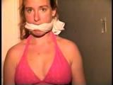 24 Yr OLD CRAFTER IS MOUTH STUFFED, CLEAVE GAGGED, WRAP VET TAPE, GAGGED, BAREFOOT, TOE-TIED, BALL-TIED, BLINDFOLDED WHILE WEARING A SEXY BIKINI (D67-13)