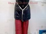 Pia tied, gagged and hooded in a cellar overhead wearing shiny nylon crazy sensation downwear in red and black (Pics)