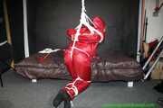 Watch Sandra bound gagged and Pantyhooded wearing her shiny nylon Rainwear