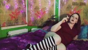 Smoking in striped stockings 