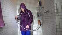 Sexy Sandra during her shaving cream action in the shower wearing a sexy blue shiny nylon rain pants and a shiny nylon purple rain jacket (Video)