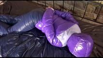 Mara tied and gagged on a princess bed in an old cellar wearing a sexy purple/blue downwear combination (Video)