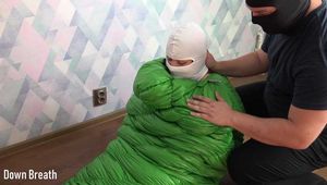 Green sleeping bag bondage and breathplay