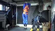 RONJA being tied, gagged and hooded hanging with ropes and a ballgag from Stella both wearing sexy shiny nylon rainwear and Ronja a lifevest (Video)