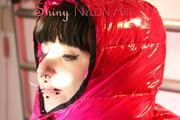 Mara in bed wearing supersexy pink shiny nylon downjacket with hood and a rain pants (Pics)