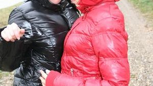 Jill and Petra playing with eachother outdoor wearing sexy shiny nylon down jackets (Pics)