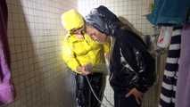 Sexy Sandra and Stella both wearing shiny nylon rainwear playing with shaving cream and eachother (Video)