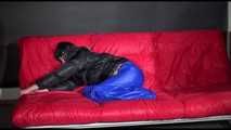 Watching Sonja preparing her sofa wearing a supersexy blue shiny nylon raver pant and a black down jacket (Video)