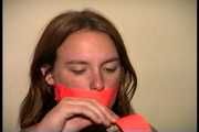 24 Yr OLD CRAFTER IS  CLEAVE GAGGED, TIES HERSELF WITH TAPE, STUFFS HER OWN MOUTH, TAPE GAGS HERSELF, HANDCUFFS HERSELF, IS HANDGAGGED WHILE WEARING A SEXY BIKINI (D73-4)