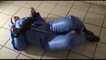 Jill tied, gagged and hooded in an old dungeon/cellar with handcuffs wearing sexy lightblue downwear (Video)