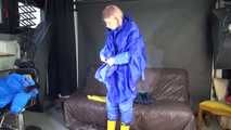 Watching sexy Pia wearing sexy blue shiny nylon rainwear and yellow rubber boots raking leaves (Video)