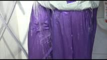 Mara wearing a sexy purple/silver pvc combination tied and gagged on a shower (Video)