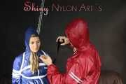 Watching sexy Sandra being tied and gagged overhead with ropes and a clothgag from Stella both wearing sexy shiny nylon AGU rainwear (Pics)