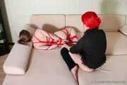Morrigan & Valeria Ross - Morrigan bounds Valeria with red ropes and cuts all her clothes (BTS)