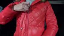 Watching sexy Pia puttng on a special red down jacket (Video)