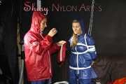 Watching sexy Sandra being tied and gagged overhead with ropes and a clothgag from Stella both wearing sexy shiny nylon AGU rainwear (Pics)