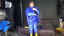 Watching sexy Pia wearing sexy blue shiny nylon rainwear and yellow rubber boots raking leaves (Video)