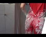 Sonja wearing a sexy red adidas shiny nylon jumpsuit while showering and messing up her clothes with shaving cream (Video)