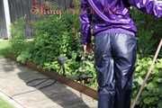 Watching sexy Sandra watering the flowers in the garden and lolling in the sun wearing a sexy blue shiny nylon rain pant and a purple down jacket (Pics)