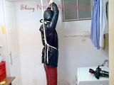 Pia tied, gagged and hooded in a cellar overhead wearing shiny nylon crazy sensation downwear in red and black (Pics)