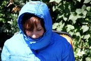 Julia tied and gagged in a shiny nylon downjacket