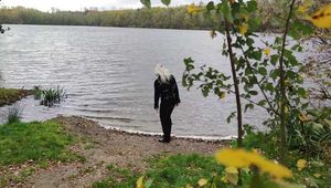 Hunter boots peeping by the wild wanker at the lake