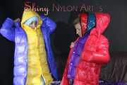 Watching sexy Stella and Sandra wearing a sexy shiny nylon shorts putting on several chiny nylon down jackets (Pics)