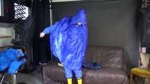 Watching sexy Pia wearing sexy blue shiny nylon rainwear and yellow rubber boots raking leaves (Video)