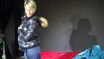 Watching sexy Sonja wearing a sexy shiny nylon rain pants and different down jackets (Video)